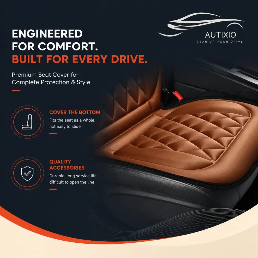 Close-up of brown 12V heated seat cushion pad installed in car seat showing quilted diamond stitch material