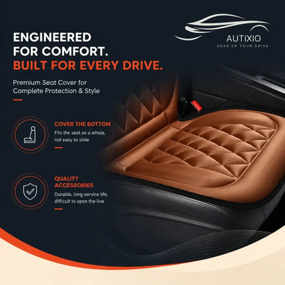 Close-up of brown 12V heated seat cushion pad installed in car seat showing quilted diamond stitch material