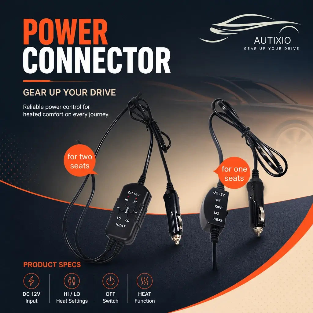 DC 12V power connectors for heated seat cover showing single-seat and dual-seat controller options