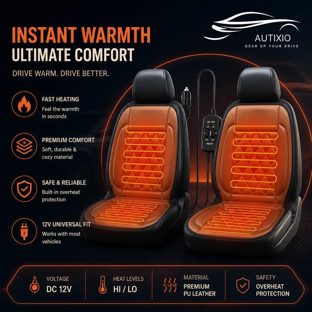 12V heated car seat cover infographic highlighting fast heating, overheat protection, and universal 12V fit