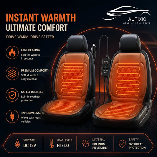 12V heated car seat cover infographic highlighting fast heating, overheat protection, and universal 12V fit