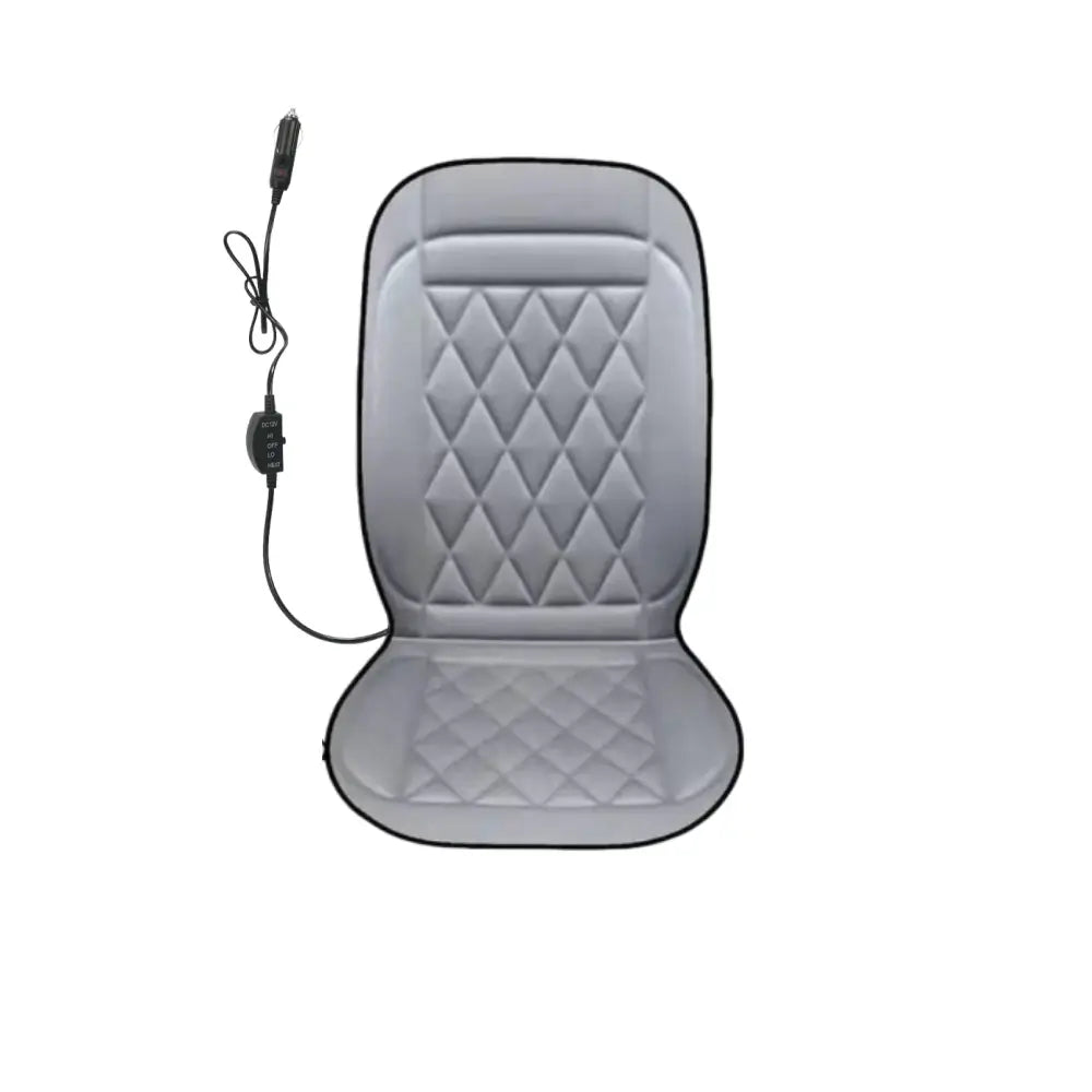 Single grey 12V heated car seat cover with DC power cord and heat controller on white background