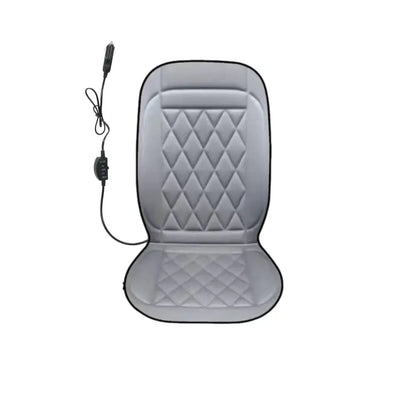 Single grey 12V heated car seat cover with DC power cord and heat controller on white background