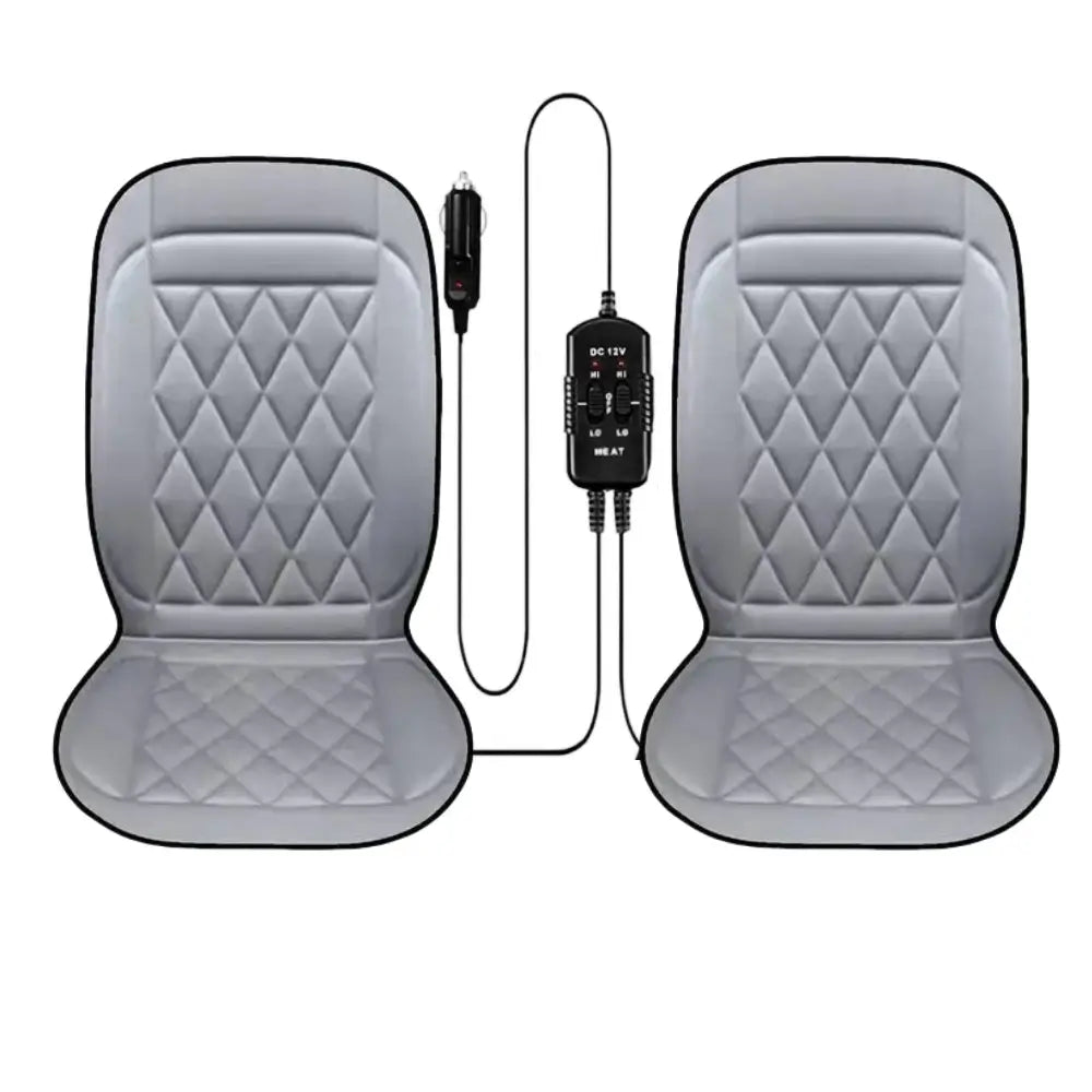 Two grey 12V heated car seat covers with shared DC 12V controller on white background
