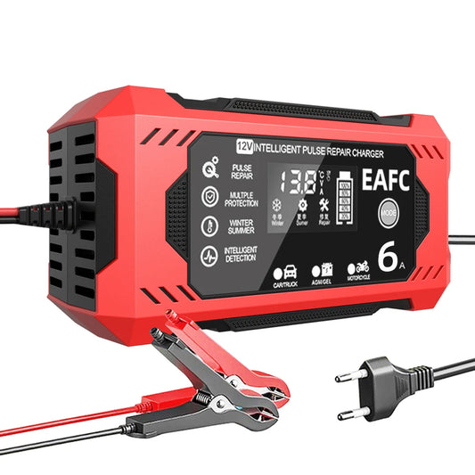 12V 6A smart car battery charger with EU plug, LCD display, pulse repair function, and alligator clamps