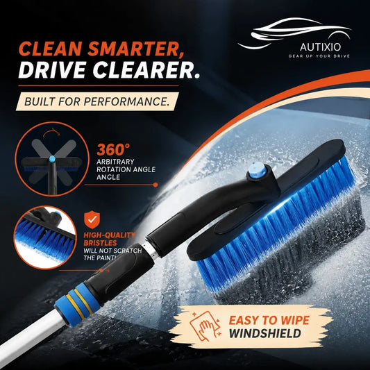 3-in-1 car snow brush with 360-degree rotating head and high-quality blue bristles that will not scratch paint