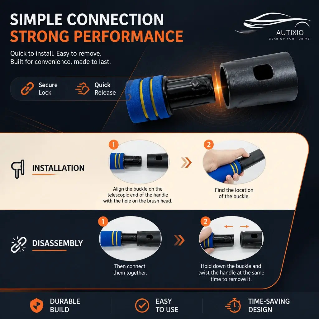 3-in-1 snow brush detachable buckle connection – secure lock and quick release design with step-by-step installation and disassembly guide