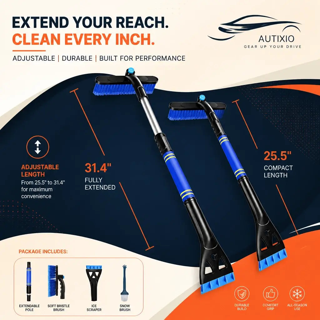 3-in-1 snow brush and ice scraper dimensions – 31.4 inch fully extended and 25.5 inch compact – package includes extendable pole, bristle brush, ice scraper, and snow brush