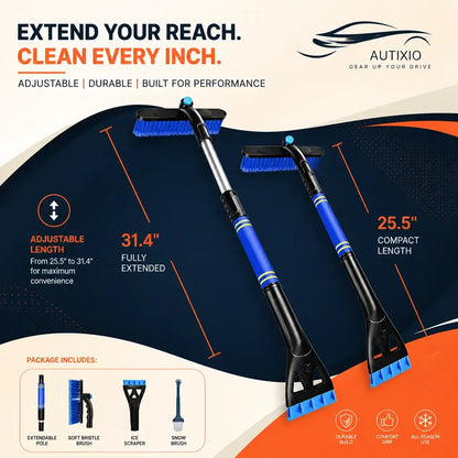 3-in-1 snow brush and ice scraper dimensions – 31.4 inch fully extended and 25.5 inch compact – package includes extendable pole, bristle brush, ice scraper, and snow brush