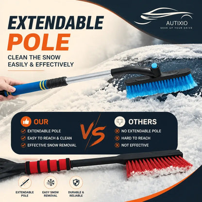Extendable snow brush with blue bristles clearing thick snow off a car windshield – vs competitor comparison showing superior reach and effectiveness