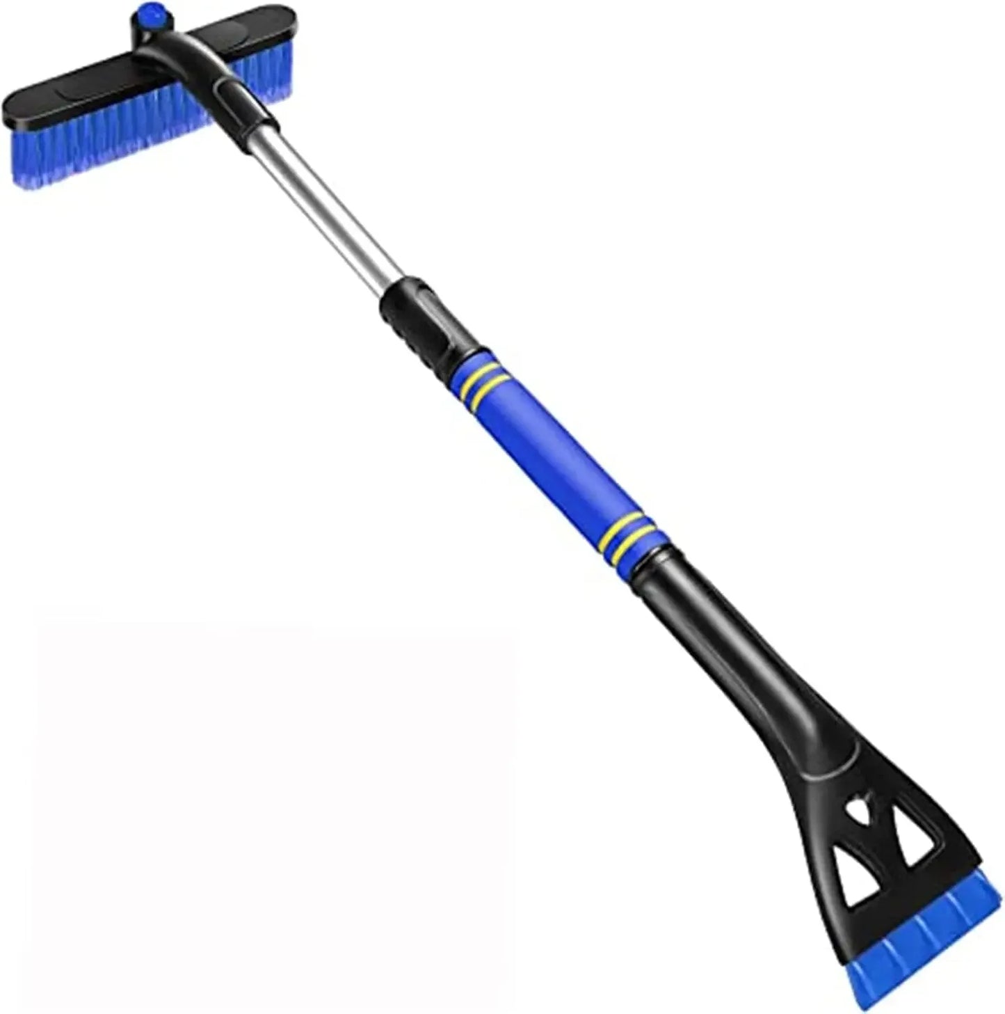 3-in-1 detachable snow brush and ice scraper in blue – extendable foam grip handle, blue bristle brush head, and ice scraper on white background