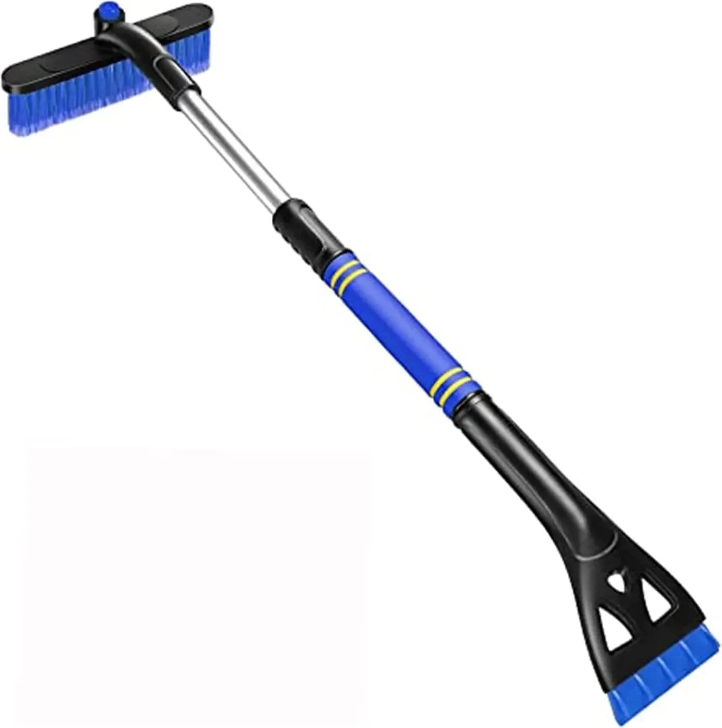 3-in-1 detachable snow brush and ice scraper in blue – extendable foam grip handle, blue bristle brush head, and ice scraper on white background