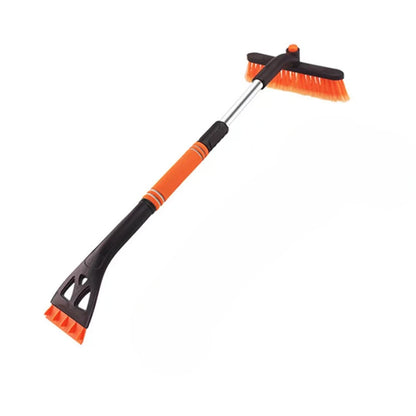 3-in-1 detachable snow brush and ice scraper in orange – extendable foam grip handle, orange bristle brush head, and ice scraper on white background