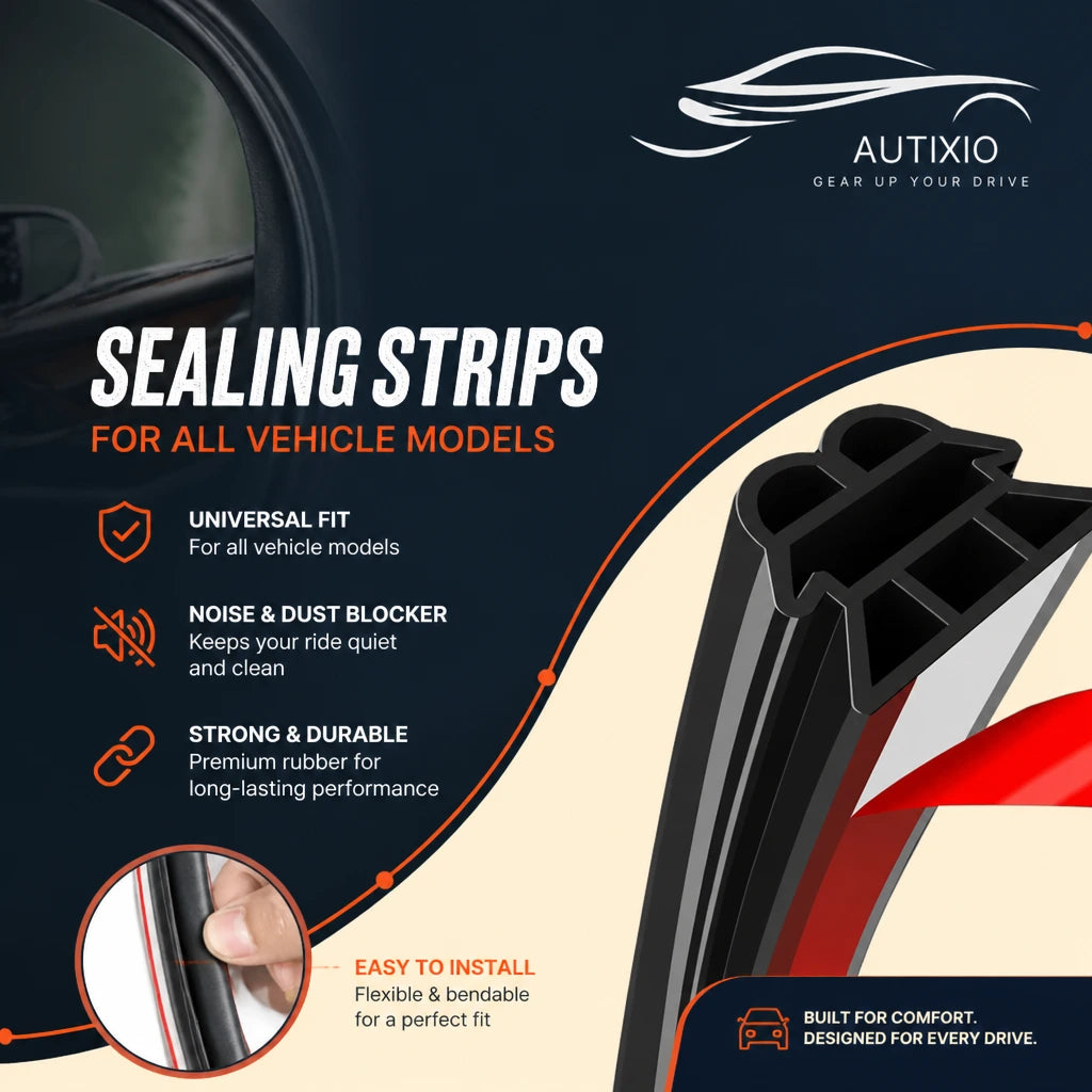 3-layer hollow rubber car door seal strip infographic showing universal fit for all vehicles, noise and dust blocker, strong durable rubber, and flexible easy installation