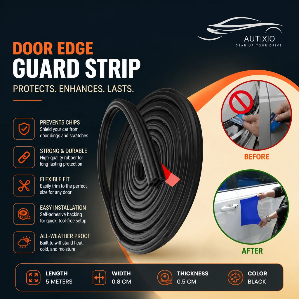 Black rubber car door edge guard strip 5m roll with before and after comparison showing chip and scratch prevention, self-adhesive easy install, and all-weather proof protection