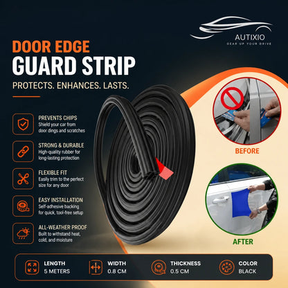 Black rubber car door edge guard strip 5m roll with before and after comparison showing chip and scratch prevention, self-adhesive easy install, and all-weather proof protection
