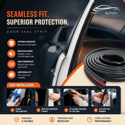 Black rubber car door seal strip 4-step installation guide showing clean surface, rub adhesive, fit along car door, and cut to size with weatherproof and noise reduction features