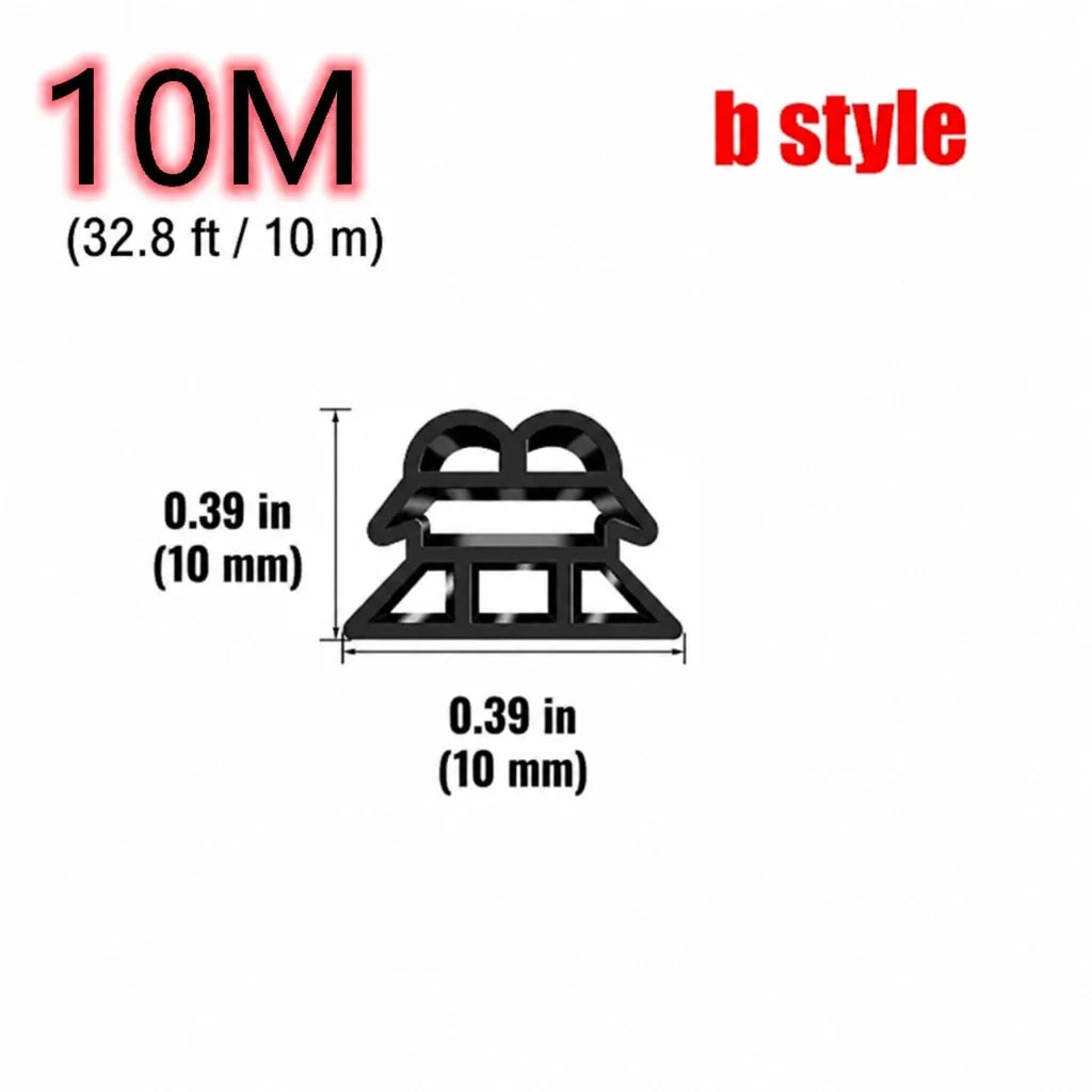 Black 3-layer hollow rubber car door seal strip B-style cross-section diagram showing 10mm x 10mm dimensions for 10M 32.8ft length
