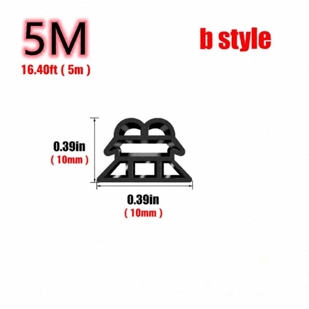 Black 3-layer hollow rubber car door seal strip B-style cross-section diagram showing 10mm x 10mm dimensions for 5M 16.4ft length