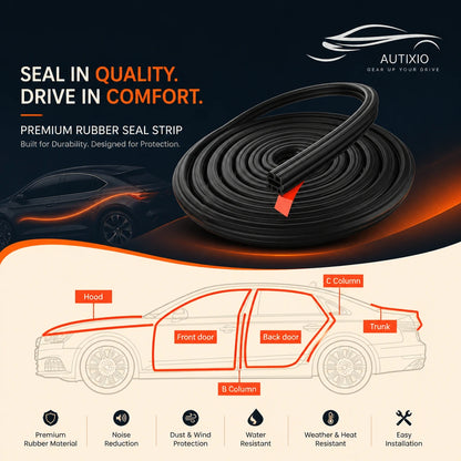 Black 3-layer hollow rubber seal strip coiled roll with car diagram showing application on hood, front door, back door, B column, C column, and trunk with noise and water resistance