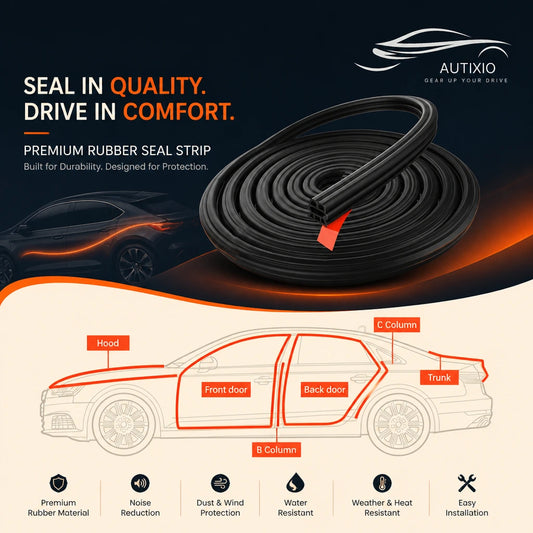 Black 3-layer hollow rubber seal strip coiled roll with car diagram showing application on hood, front door, back door, B column, C column, and trunk with noise and water resistance