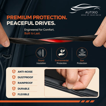Black 3-layer hollow rubber car door seal strip being stretched showing flexible build with red adhesive layer and sound insulation, dustproof, rainproof, and sun protection features