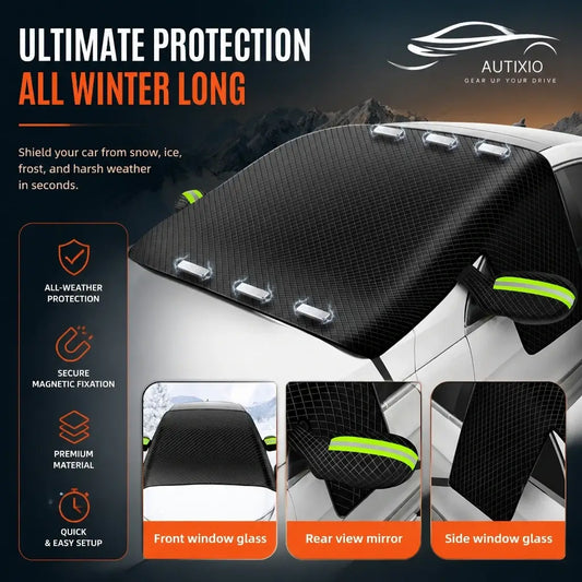 3-layer Oxford windshield cover with magnetic fixation on car showing all-weather protection, mirror covers, and side window glass coverage features infographic