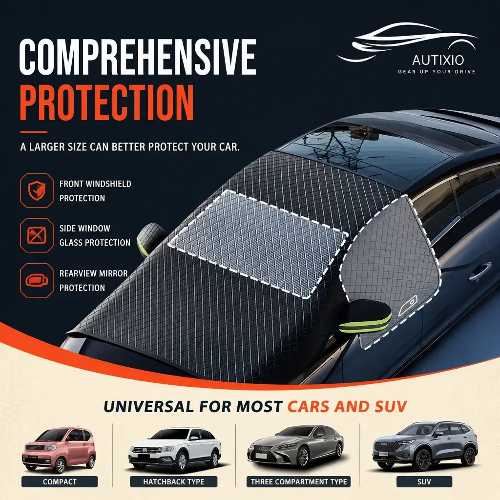 Aerial view of 3-layer Oxford windshield cover on dark sedan showing comprehensive front windshield, side window, and rearview mirror protection universal for cars and SUVs
