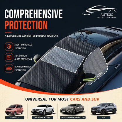 Aerial view of 3-layer Oxford windshield cover on dark sedan showing comprehensive front windshield, side window, and rearview mirror protection universal for cars and SUVs