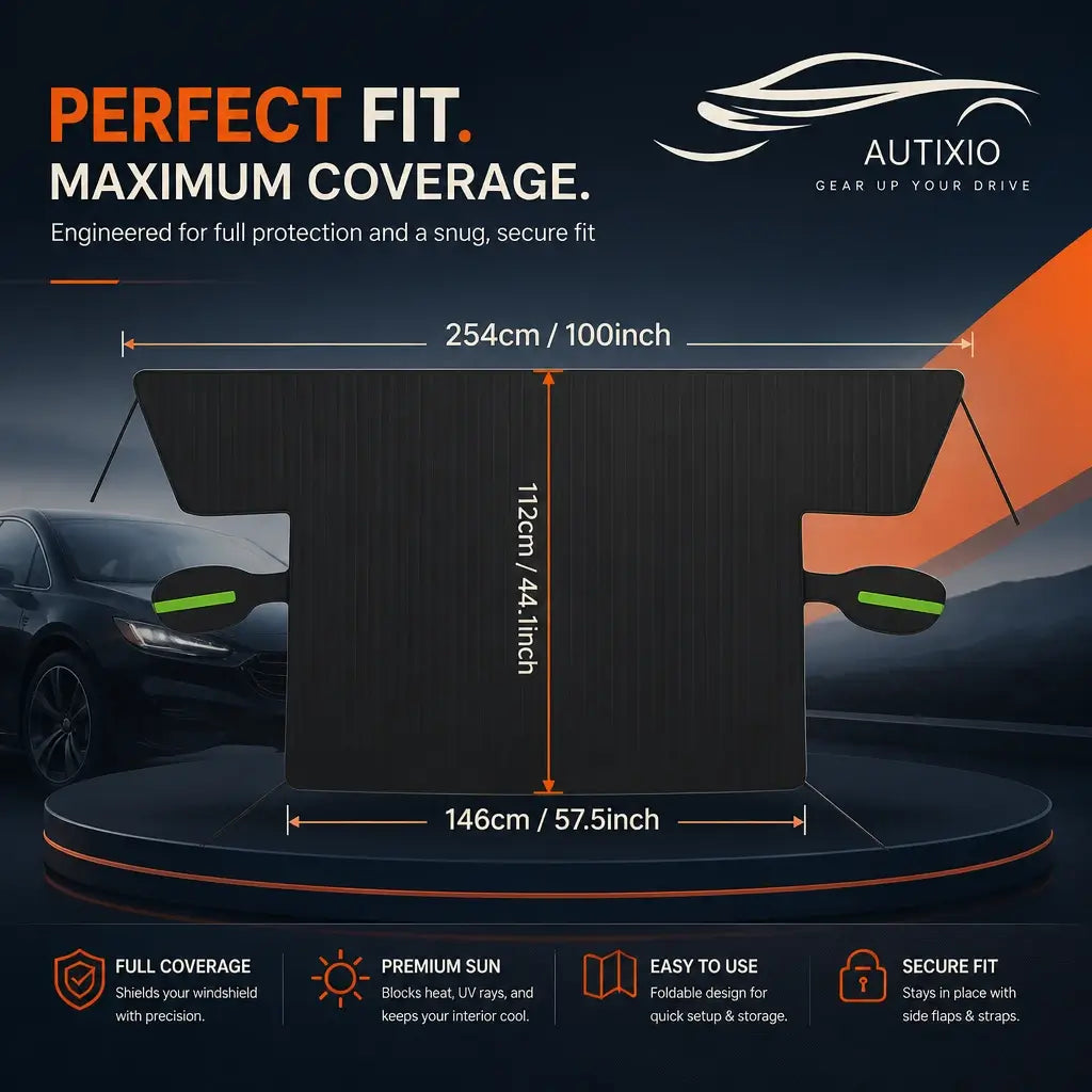 3-layer Oxford windshield cover size guide showing 254cm x 112cm 100 x 44 inch dimensions with side flaps for full windshield coverage and foldable secure fit design