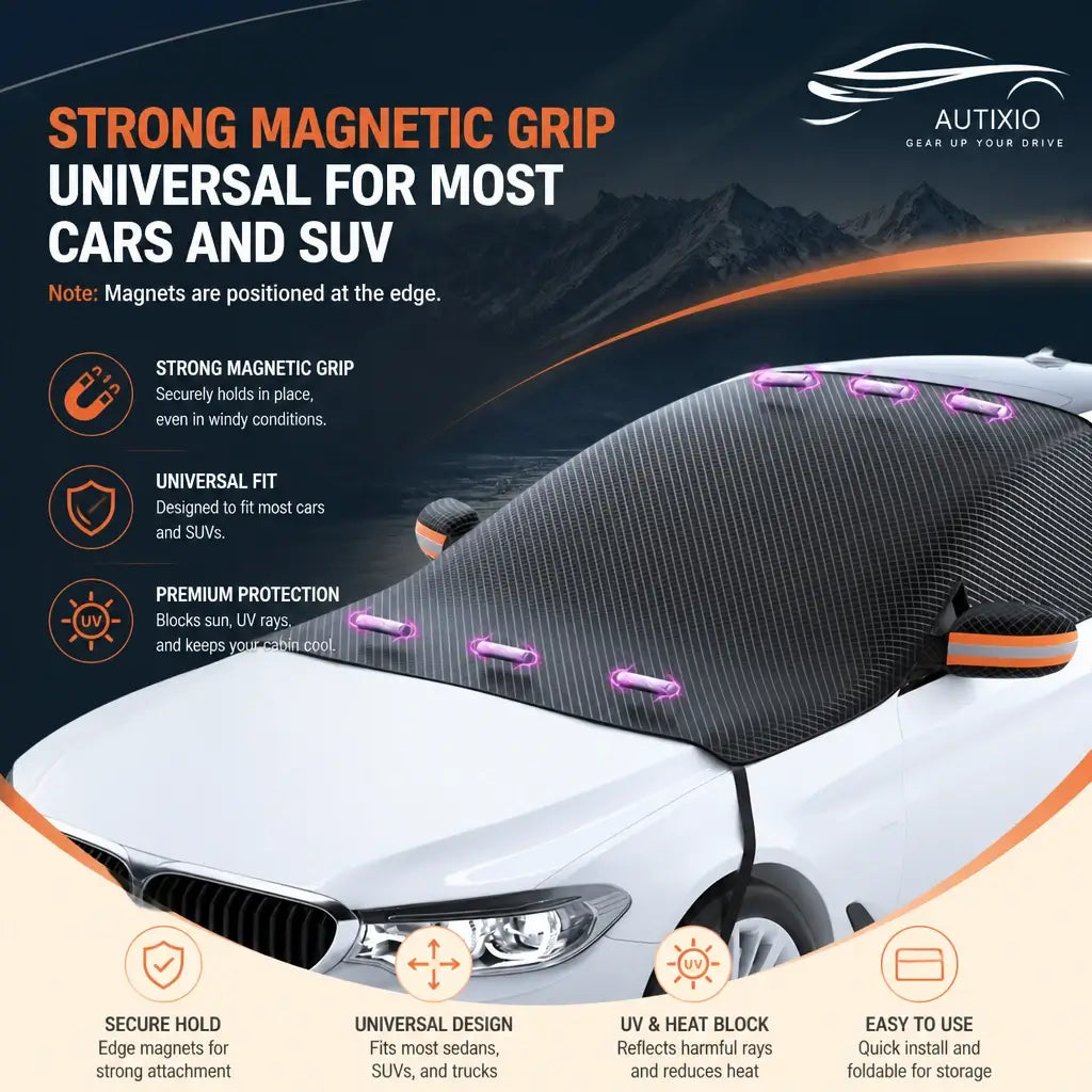 3-layer Oxford windshield cover with strong edge magnetic grip on white sedan showing universal fit for cars and SUVs with UV and heat block protection features