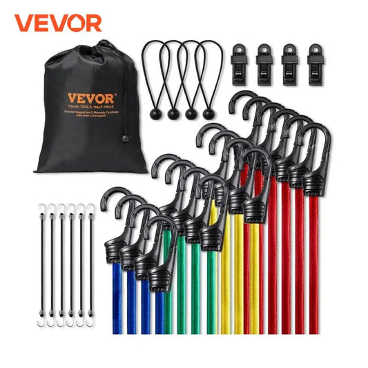 32-piece bungee cord set in assorted lengths and colors with heavy-duty hooks, clips, and storage bag