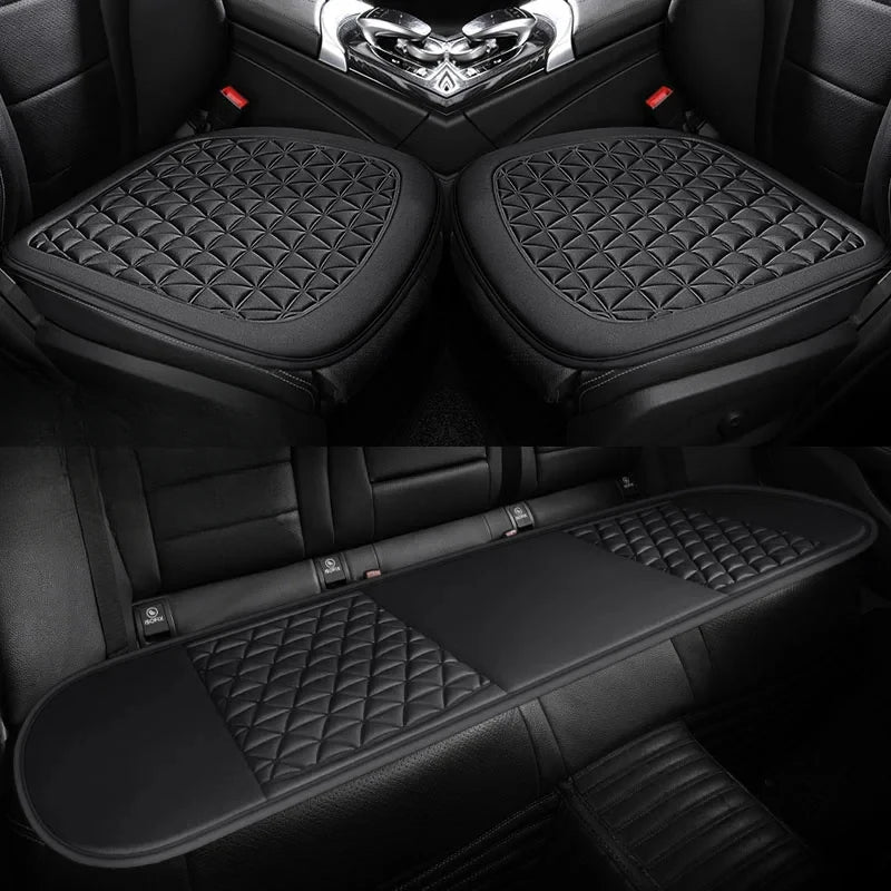 3D breathable car seat cover black showing 2 front seat cushions and matching rear bench mat with diamond quilted pattern