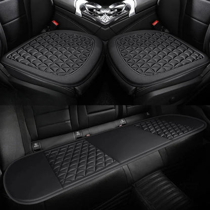 3D breathable car seat cover black showing 2 front seat cushions and matching rear bench mat with diamond quilted pattern