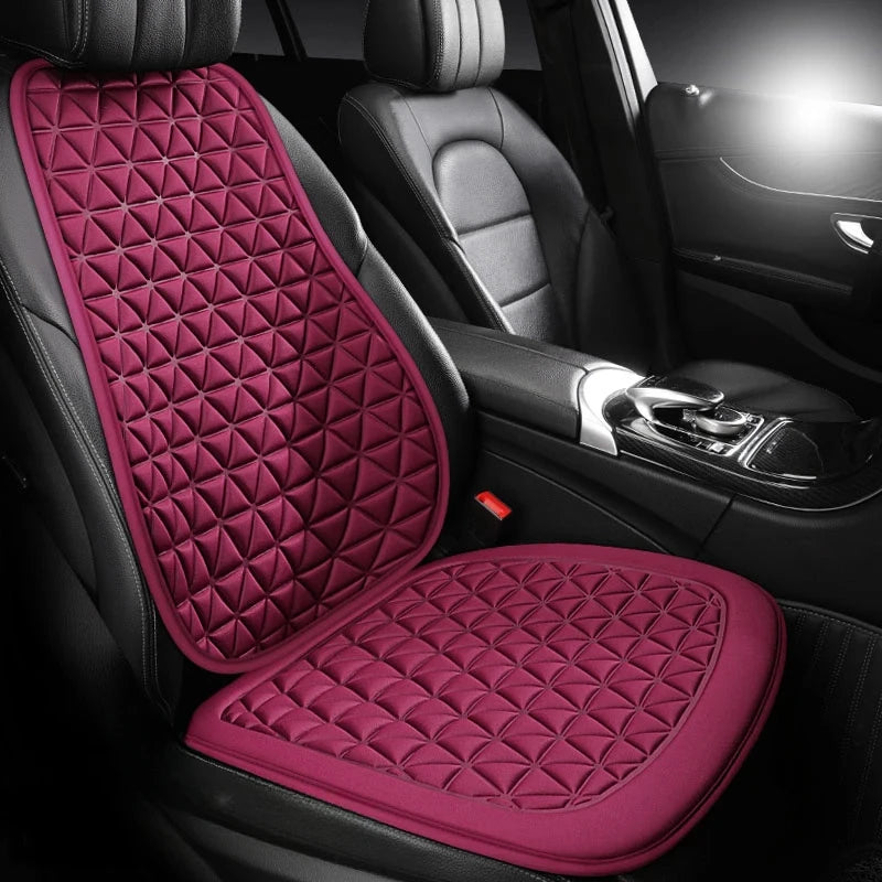 3D breathable car seat cover red wine color installed on front driver seat with backrest in car interior diamond pattern