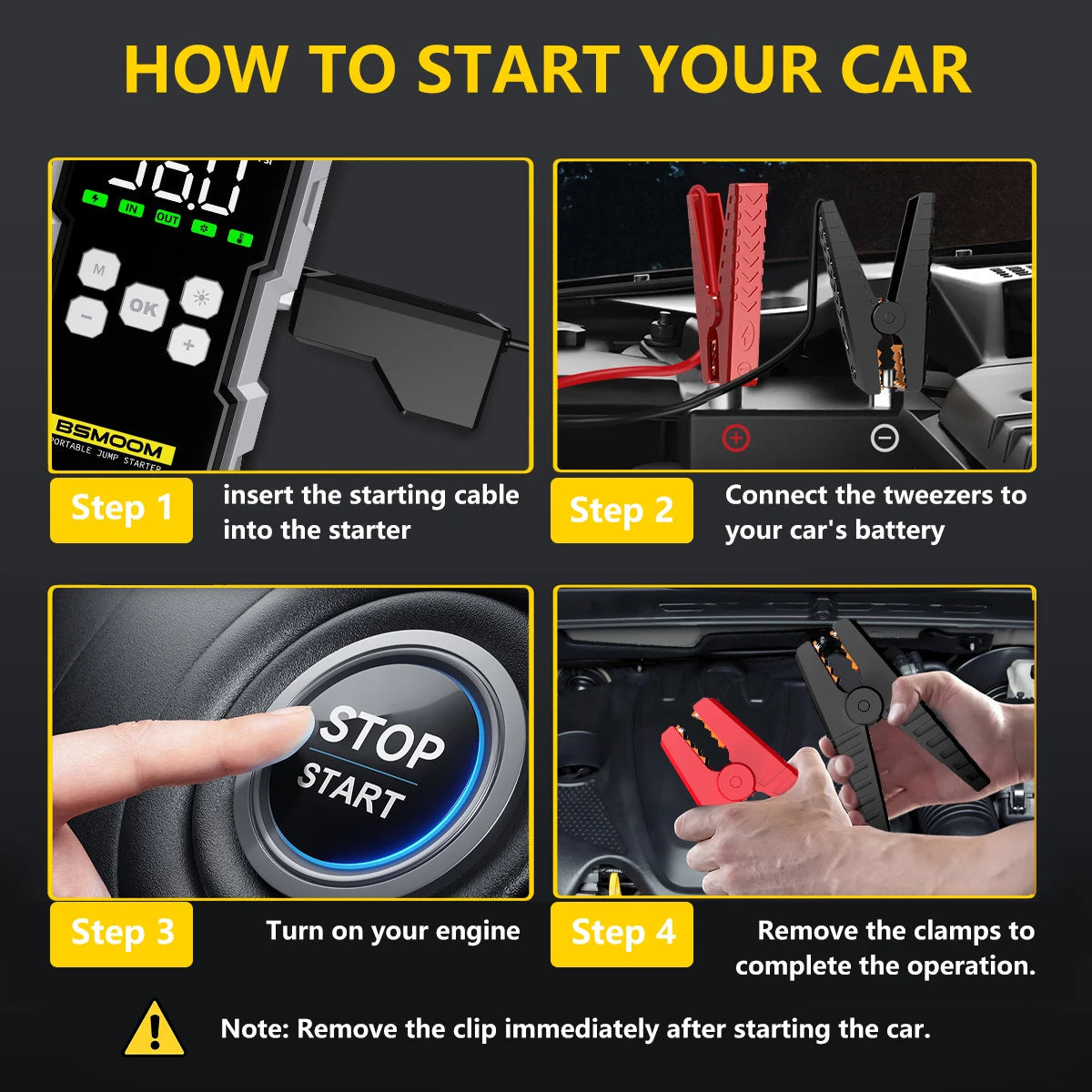 4-step instruction diagram for car jump starter: insert cable, connect clamps to battery, start engine, remove clamps