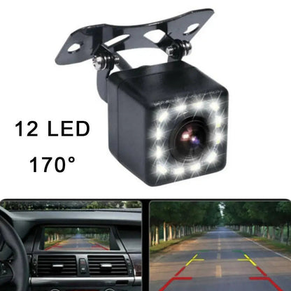 12 LED square 720P backup camera with bracket mount, 170° lens angle, and reversing guideline view on dash