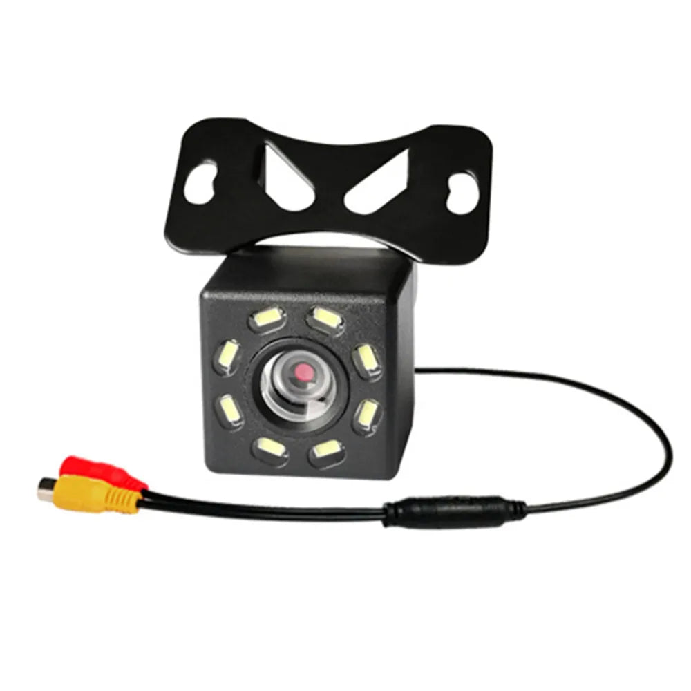 12 LED square 720P backup camera with bracket mount and RCA cable on white background