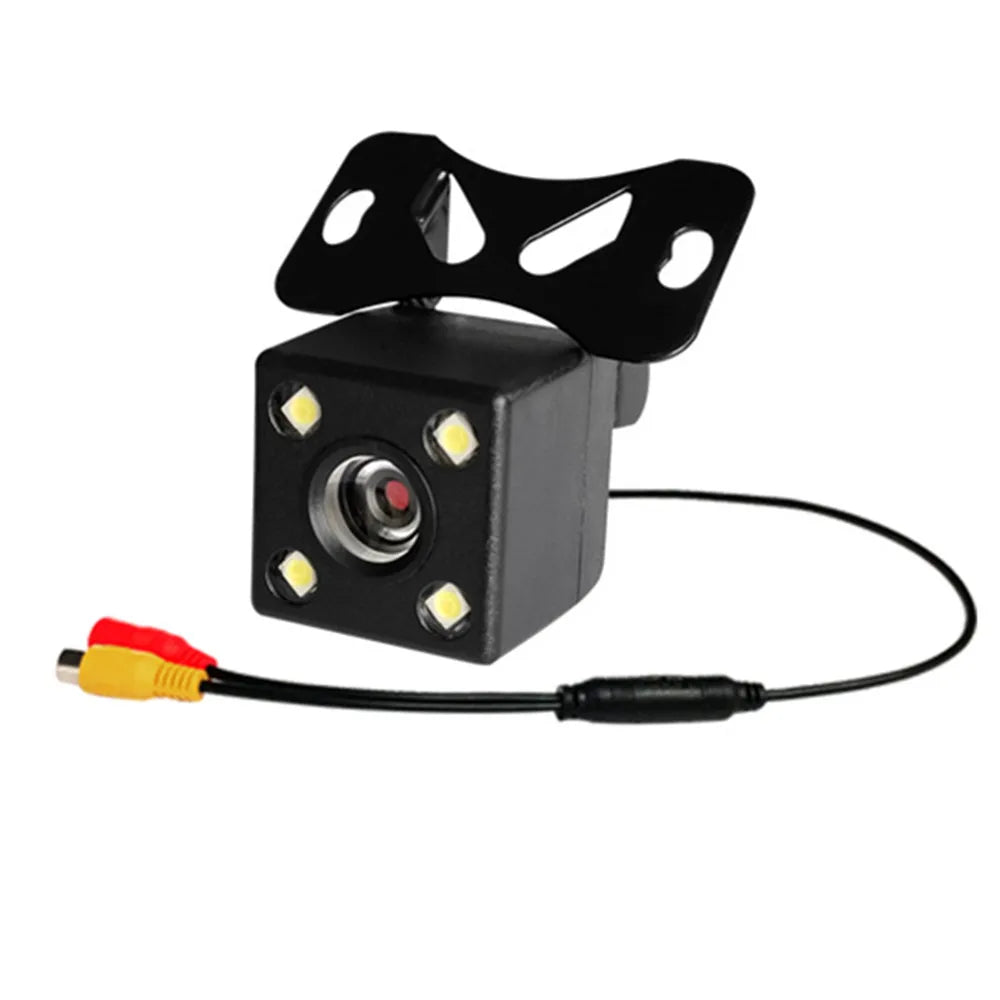 4 LED square 720P backup camera with bracket mount and RCA cable on white background