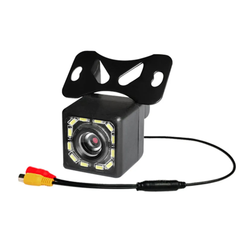Barrel-style round flush-mount 720P backup camera with RCA cable on white background