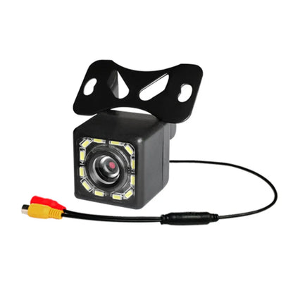 Barrel-style round flush-mount 720P backup camera with RCA cable on white background