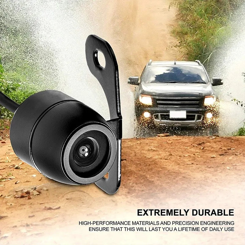 Durable bracket-mount 720P backup camera with SUV driving off-road in background