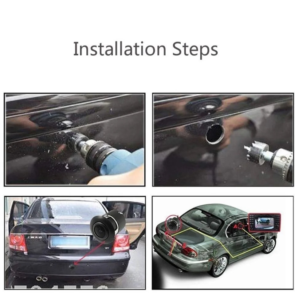 Backup camera installation steps: drilling hole in bumper, inserting camera body, and wiring to car monitor
