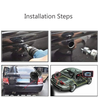 Backup camera installation steps: drilling hole in bumper, inserting camera body, and wiring to car monitor