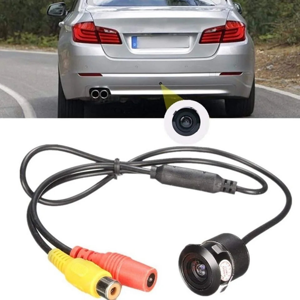 Round 720P backup camera installed flush on car rear bumper with RCA power and video cables