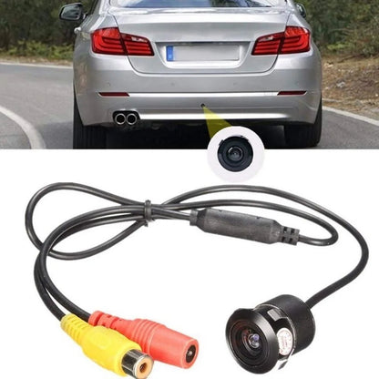 Round 720P backup camera installed flush on car rear bumper with RCA power and video cables
