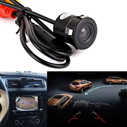 Round flush-mount 720P backup camera with RCA cable, showing reversing lines on car head unit display