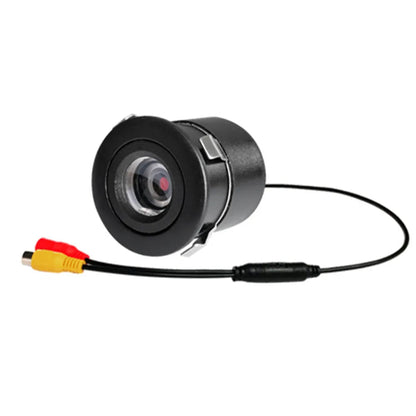 Round large-lens 720P flush-mount backup camera with spring clip and RCA cable on white background