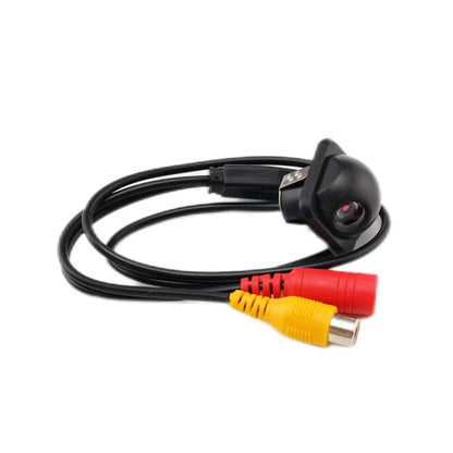 Round 720P CVBS backup camera with no LEDs, bracket mount and RCA cable on white background