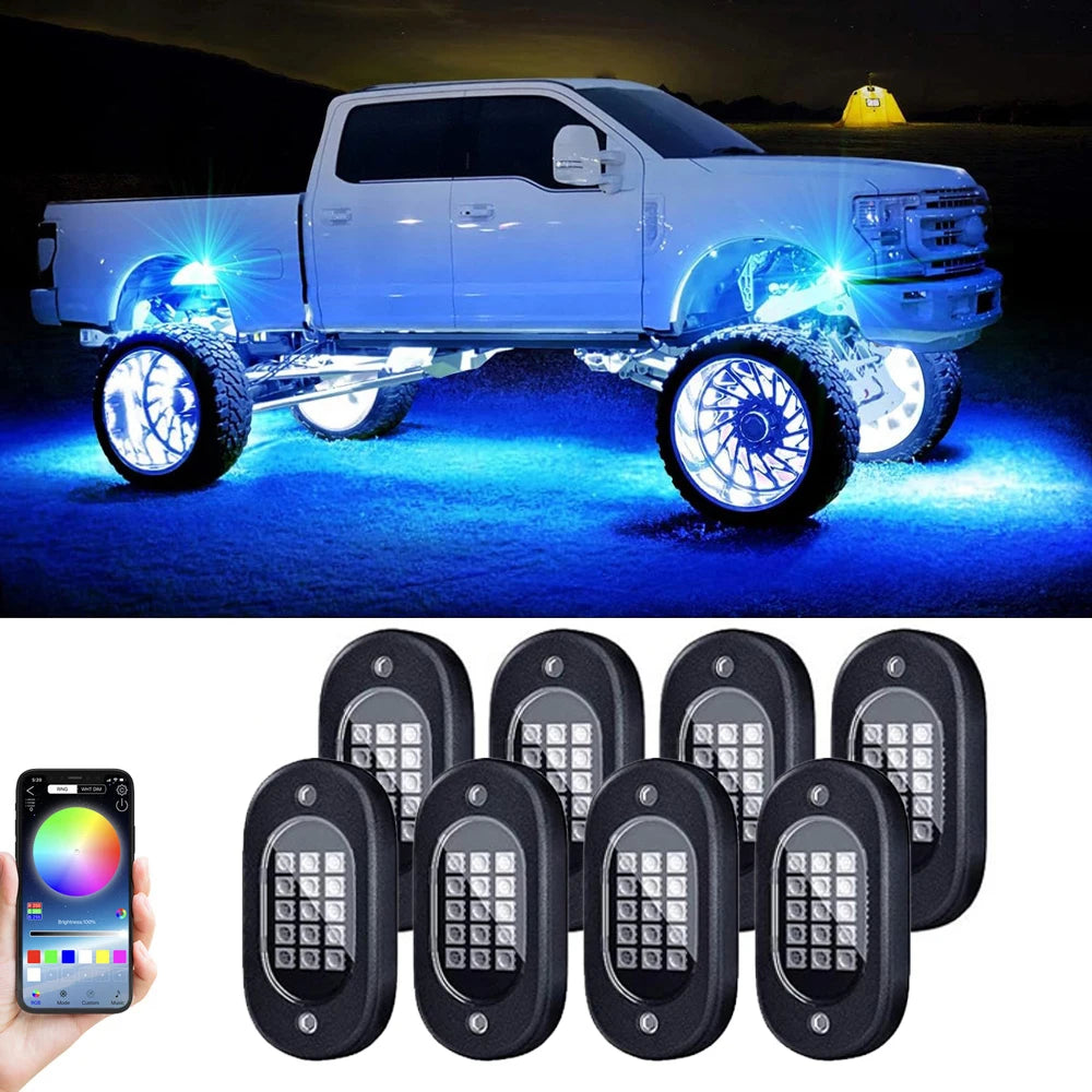 8-piece RGB LED underglow light kit for trucks with app control and blue lighting
